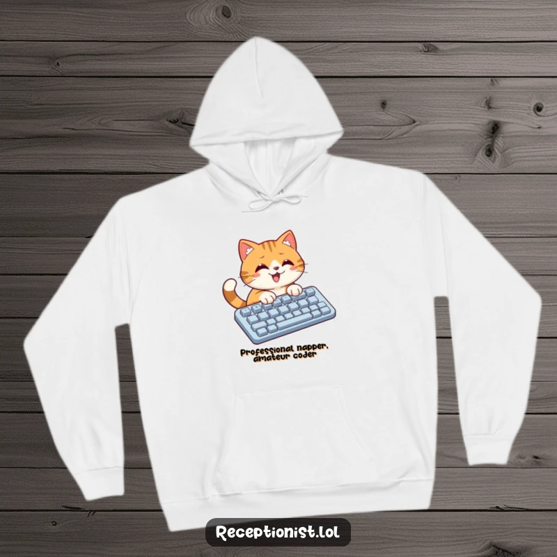 Funny cat wearing a hoodie, typing furiously on a comically large keyboard, a great humorous gift for programmers.