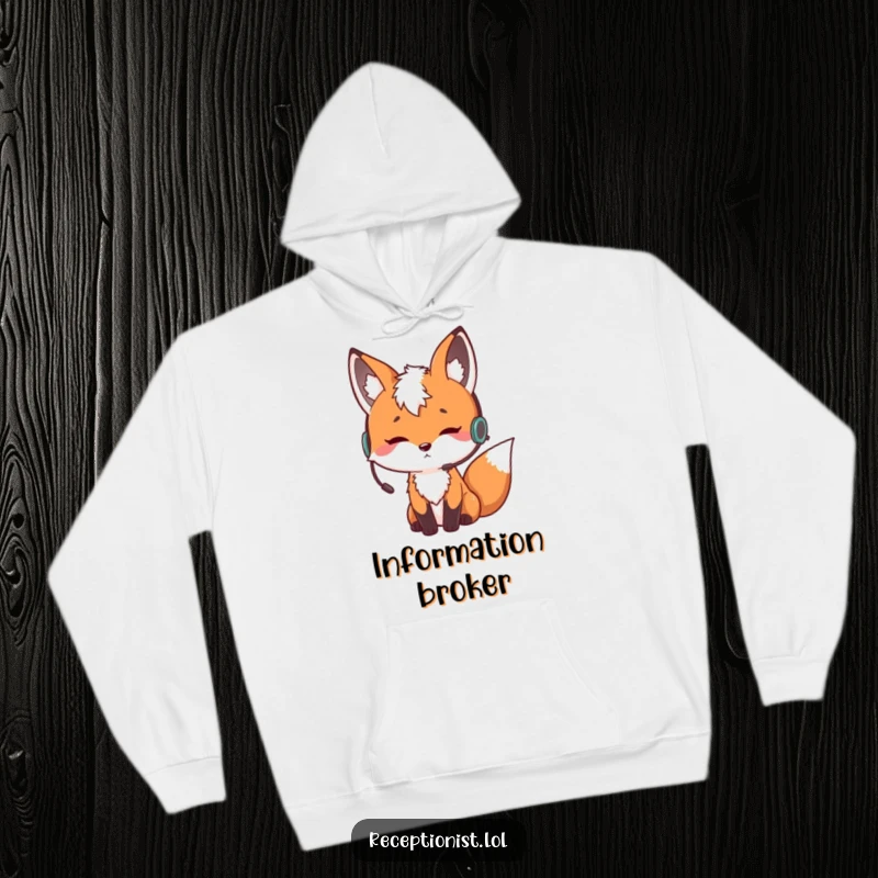 Funny curious fox wearing an earpiece and nodding thoughtfully, cozy hoodie design, perfect for staying warm and observant.