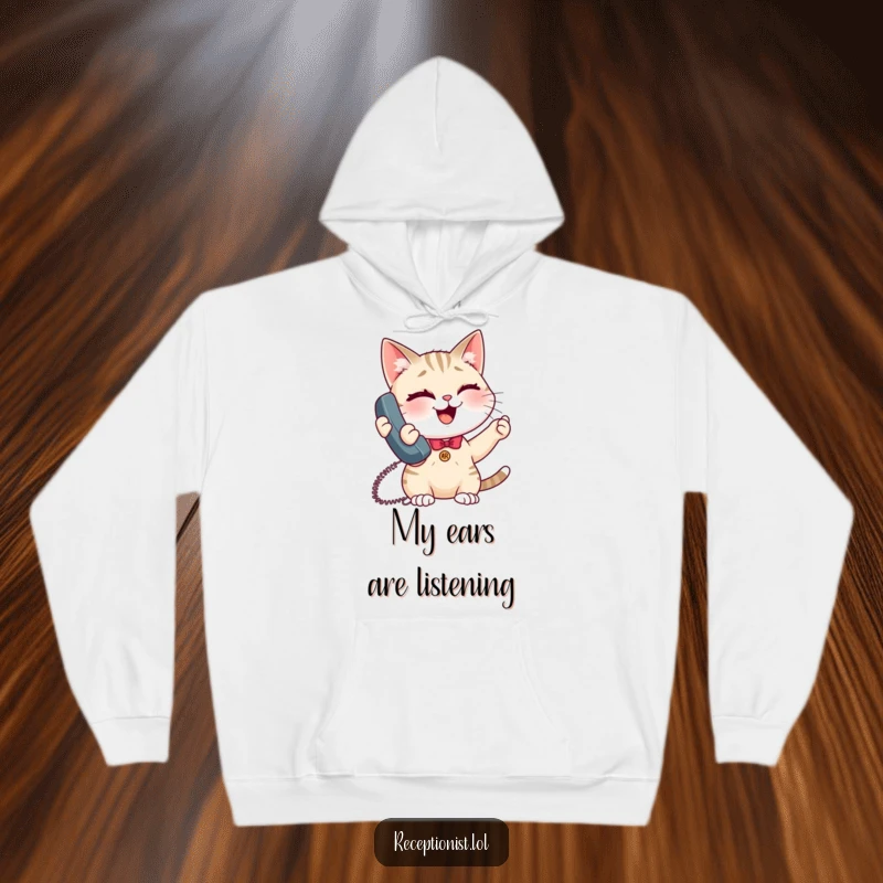 Funny giggling cat receptionist hoodie, cozy apparel featuring a playful cat answering phones with a wink and a smile.