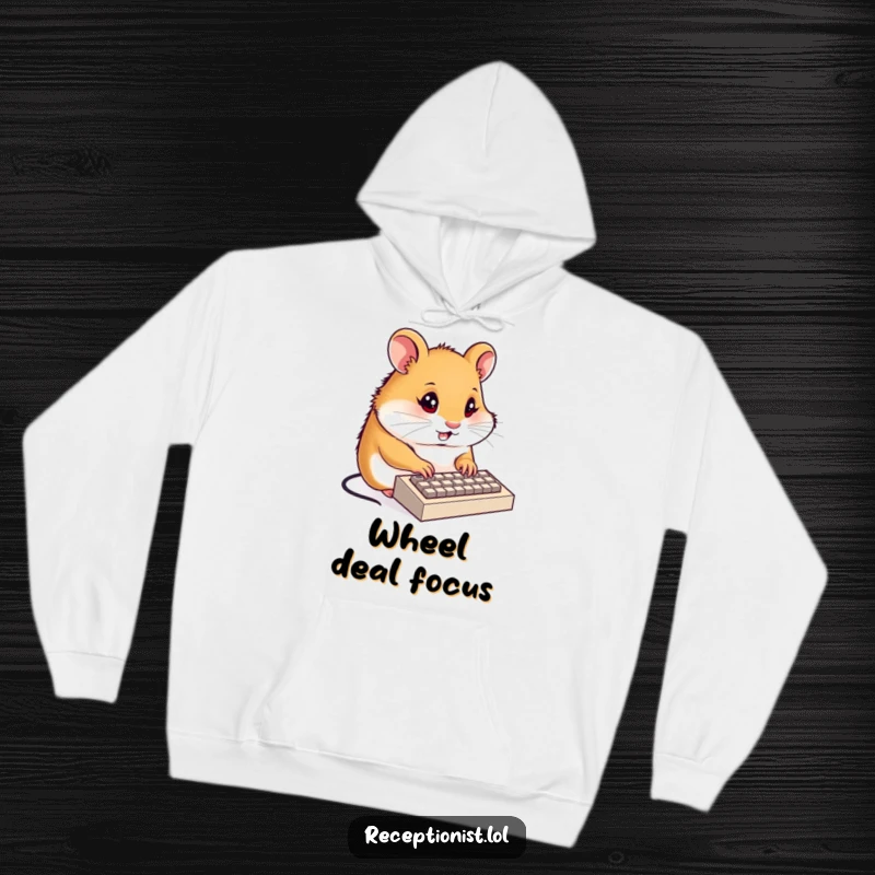 Funny hamster receptionist hoodie, a determined hamster typing on a tiny keyboard with focused energy, cozy and motivating.