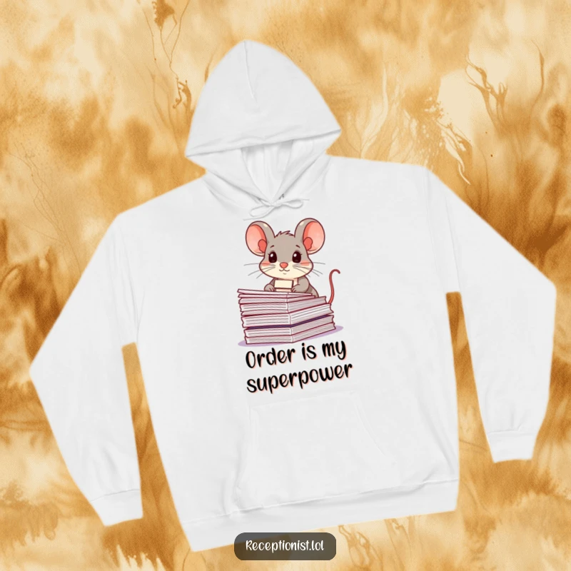 Funny mouse heroically organizing papers, wearing a name tag, on a cozy hoodie, depicting a humorous dedication to tasks.