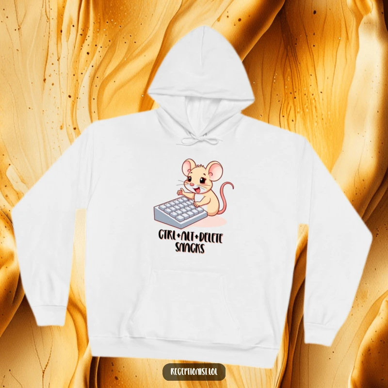 Funny hoodie depicting a cheerful mouse enthusiastically pressing large computer keyboard buttons with tiny paws, a humorous tech item.