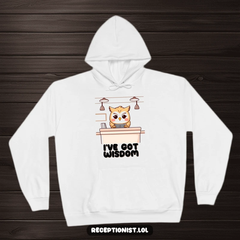 Funny owl receptionist hoodie, comfortable apparel featuring a gentle, intelligent owl overseeing its domain with kindness.