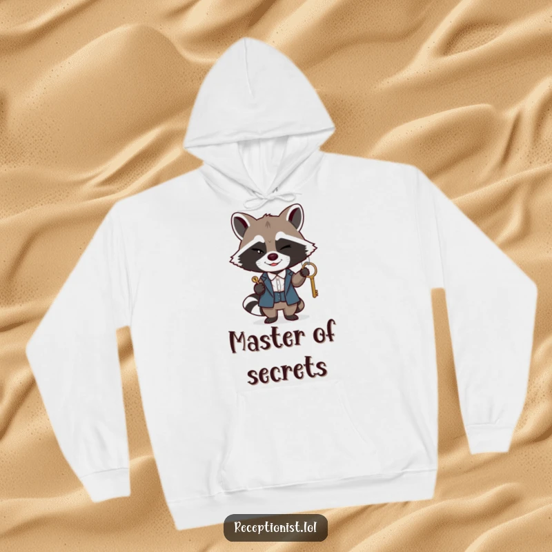 Funny raccoon receptionist hoodie, a winking raccoon discreetly passing a key with a sly smile, cozy and mysterious.