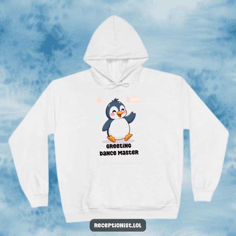 Funny penguin doing a greeting dance, featured on a warm and humorous hoodie.