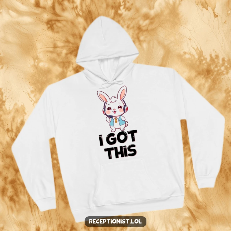 Funny cute bunny receptionist wearing a headset, smiling warmly and pointing forward on a hoodie.