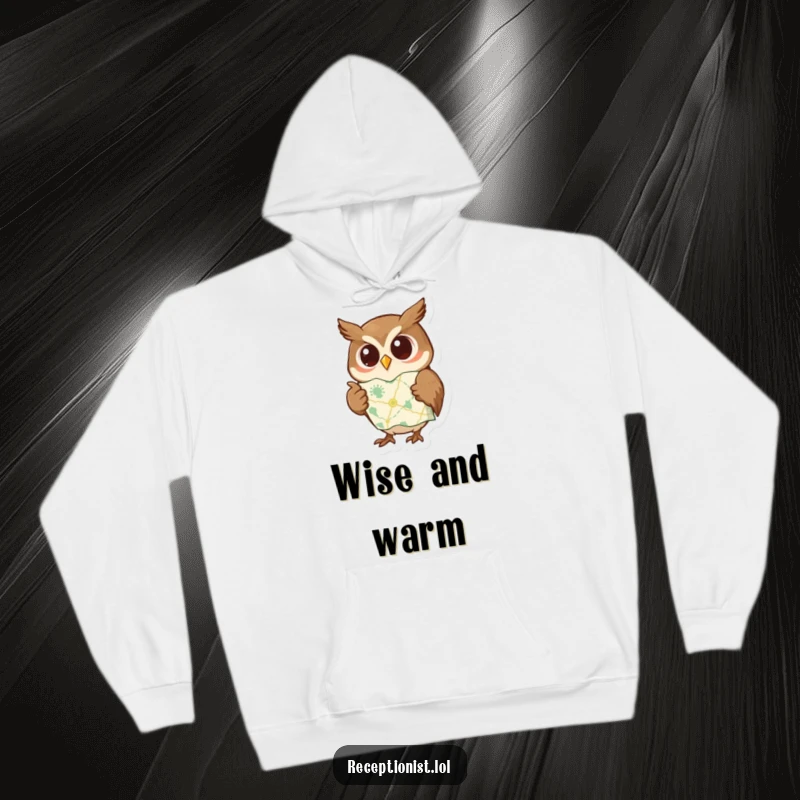 Funny hoodie featuring a curious owl pointing to a map with a wise expression, ideal for staying warm and inspired.