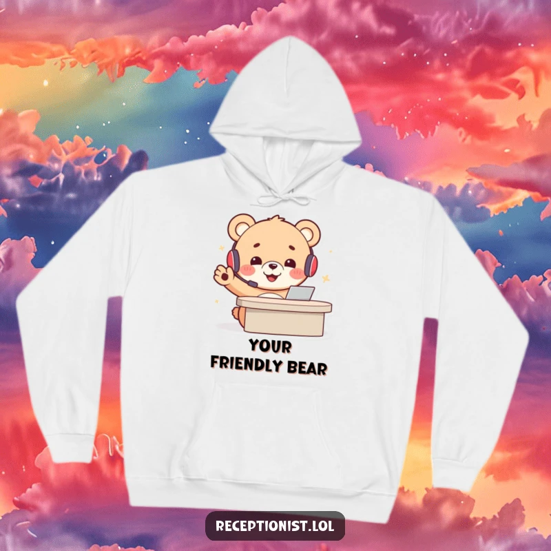 Funny bear receptionist hoodie depicting a cheerful cartoon bear cub wearing a headset, gesturing invitingly towards a desk.