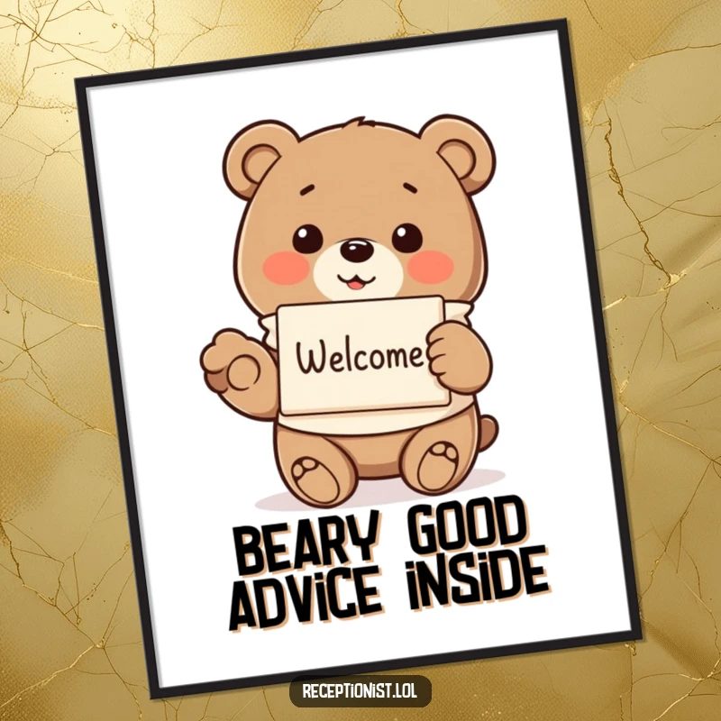 Funny Free Printable Wall Art: Smiling bear in a smock offering a pamphlet, a welcoming presence