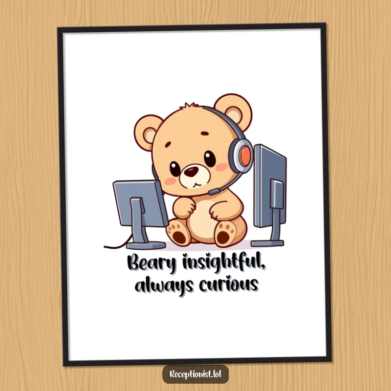Funny Free Printable Wall Art: A curious bear cub wearing a headset, pointing at a computer screen, exuding tech interest.