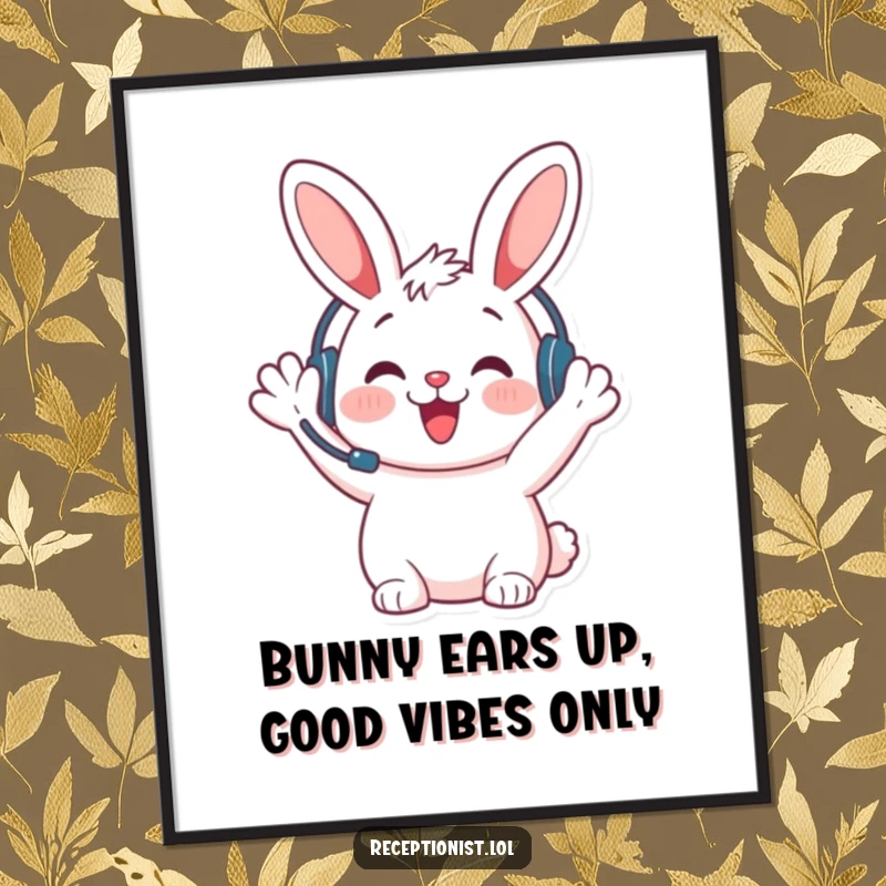 Funny Free Printable Bunny Wall Art: A cheerful bunny with a headset, giving a welcoming wave, perfect for humorous decor.