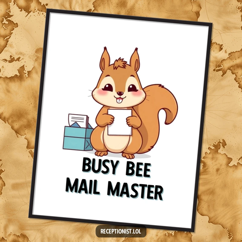 Funny Free Printable Wall Art: Diligent squirrel sorting mail with a satisfied grin, adding humorous charm to any room.