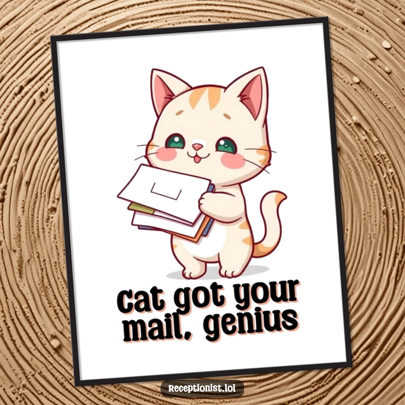 Funny Free Printable Wall Art showing a playful cat holding a stack of mail, its expression full of curiosity.