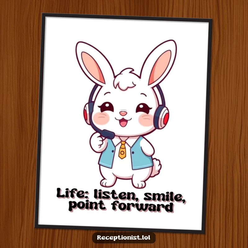 Cute Free Printable Wall Art: A bunny receptionist in a headset smiles warmly and points forward, charming downloadable art.