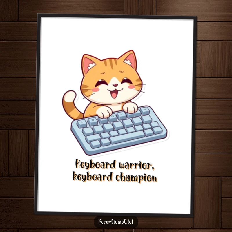 Funny Free Printable Wall Art: A happy cat focused on typing rapidly on an oversized keyboard, perfect for office humor.