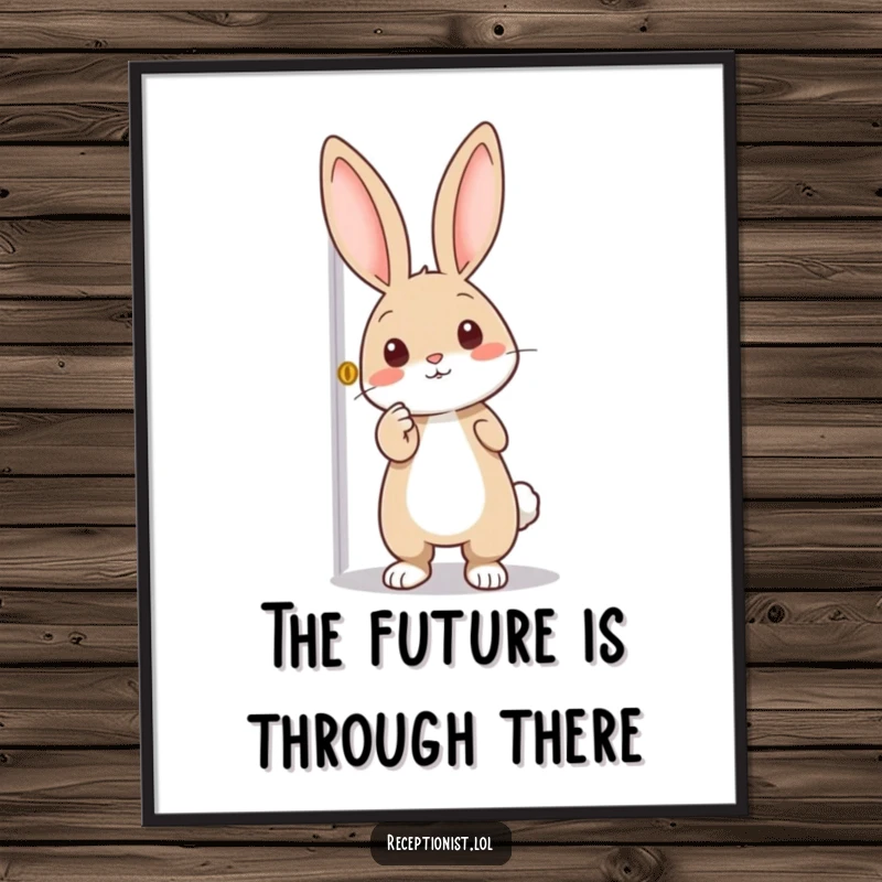 Funny Free Printable Wall Art: Curious rabbit pointing enthusiastically at a door, inviting adventure, a charming downloadable.