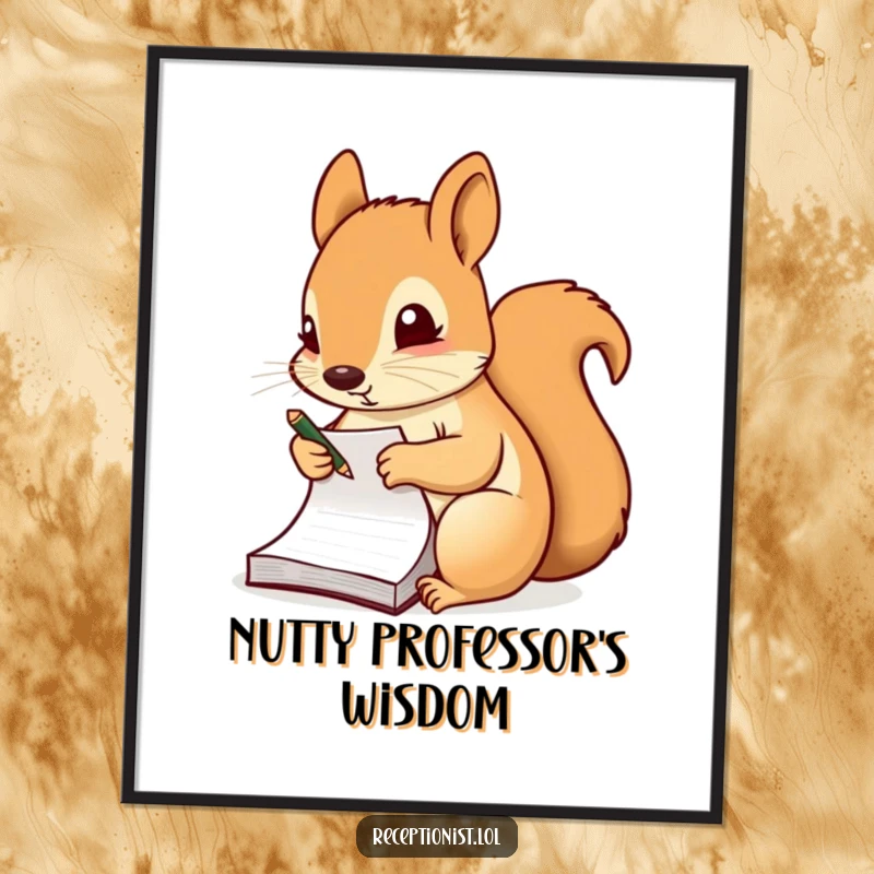 Funny Free Printable Wall Art: Diligent squirrel taking notes on a small notepad, looking studious, a charming downloadable.