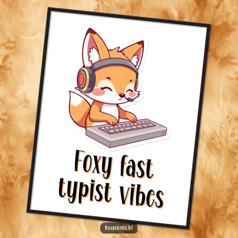Funny Free Printable Wall Art: Charming fox with headphones, typing rapidly on a keyboard, for stylish decor.