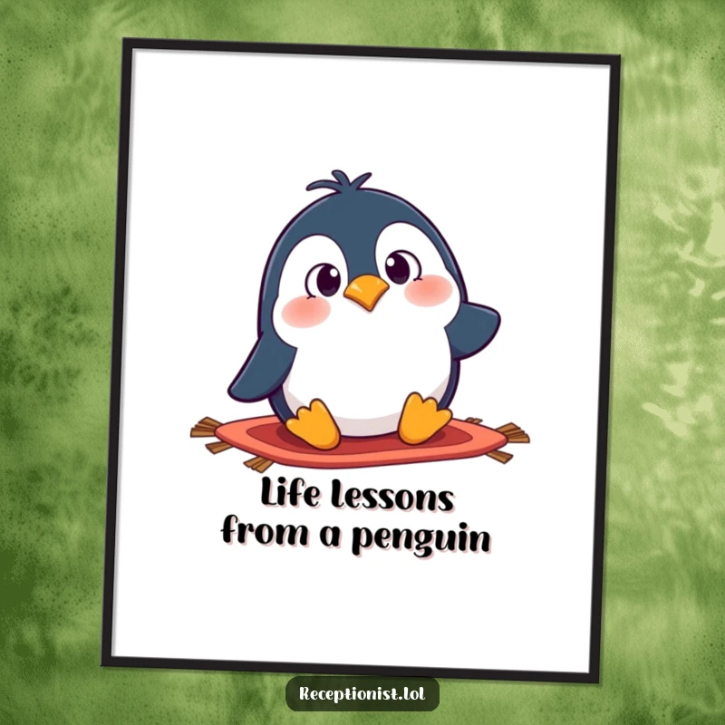 Funny Free Printable Wall Art: A goofy penguin tripping over a rug, eyes wide with surprise, for humorous home decor.