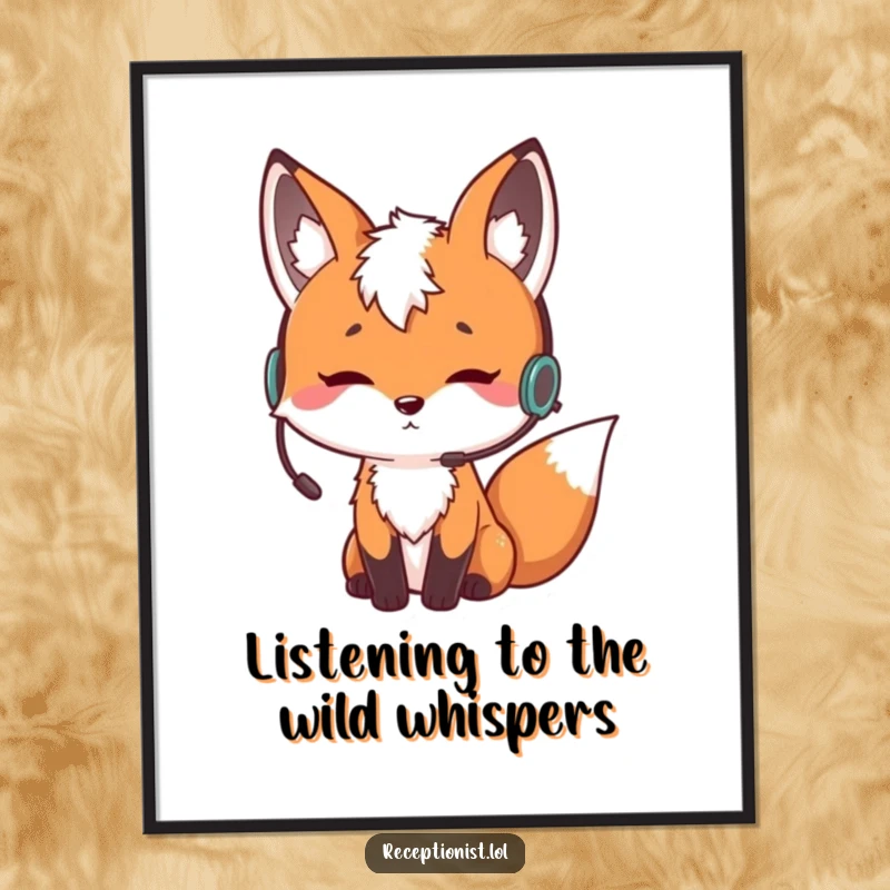 Funny Free Printable Wall Art: Curious fox wearing an earpiece, nodding thoughtfully, a witty and intelligent DIY download.