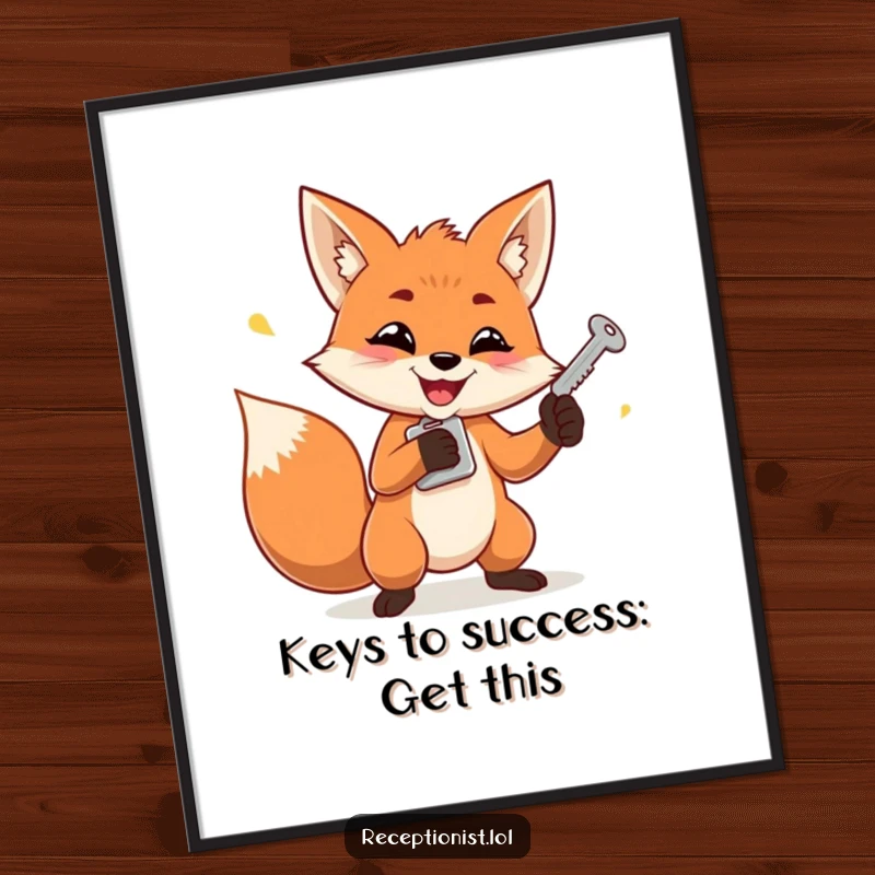 Funny free printable wall art of a determined fox juggling keys with a mischievous grin.