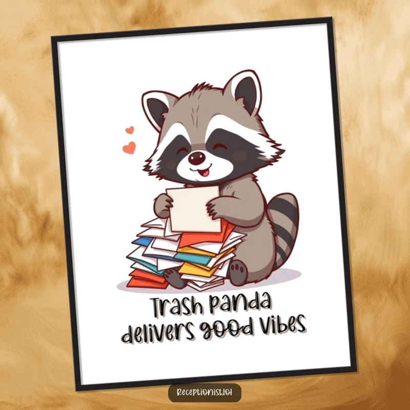 Funny Free Printable Wall Art: A playful raccoon sorts a pile of colorful mail with a cheerful hum, looking busy.
