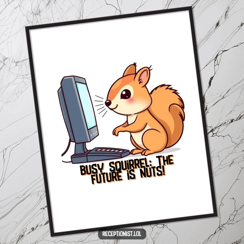 Funny Free Printable Wall Art: A determined squirrel intensely focused on a brightly blinking computer screen, looking smart.