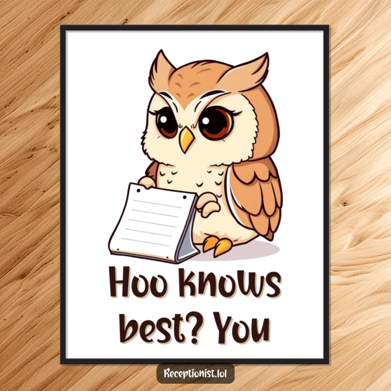 Funny Free Printable Wall Art: Thoughtful owl peering intently at a notepad with a wise and serene expression, adding charm.