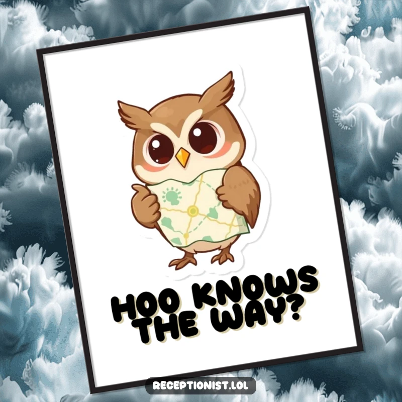 Funny Free Printable Wall Art: A curious owl points to a map with a wise expression, perfect for inspiring downloadable decor.