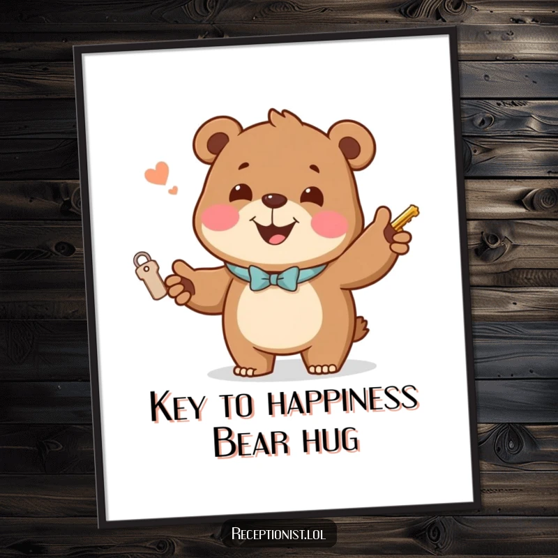 Funny Free Printable Wall Art: Jovial bear with a welcoming smile, handing out room keys, creating a cheerful atmosphere.