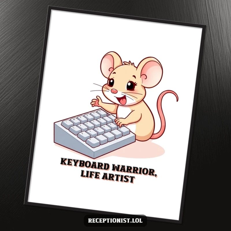 Funny Free Printable Wall Art: A cheerful mouse with tiny paws enthusiastically pressing buttons on a large computer keyboard.