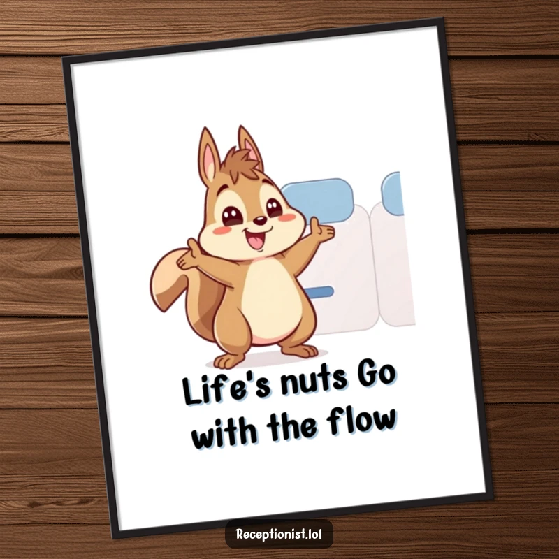 Funny Free Printable Wall Art: Energetic squirrel enthusiastically directing viewer to a seat with a welcoming wave.