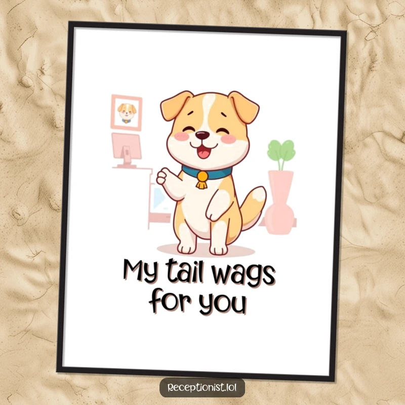Funny Free Printable Wall Art: A happy dog receptionist wags its tail, offering a comforting pat, perfect for whimsical decor.