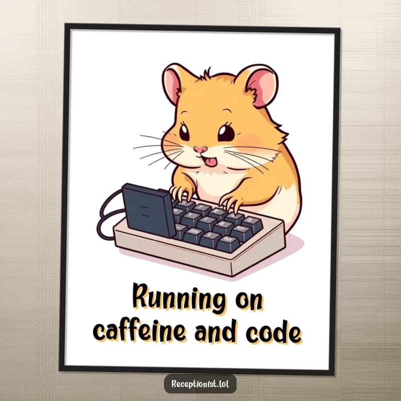 Funny Free Printable Wall Art: Determined hamster typing furiously on a miniature keyboard, a humorous and busy DIY download.