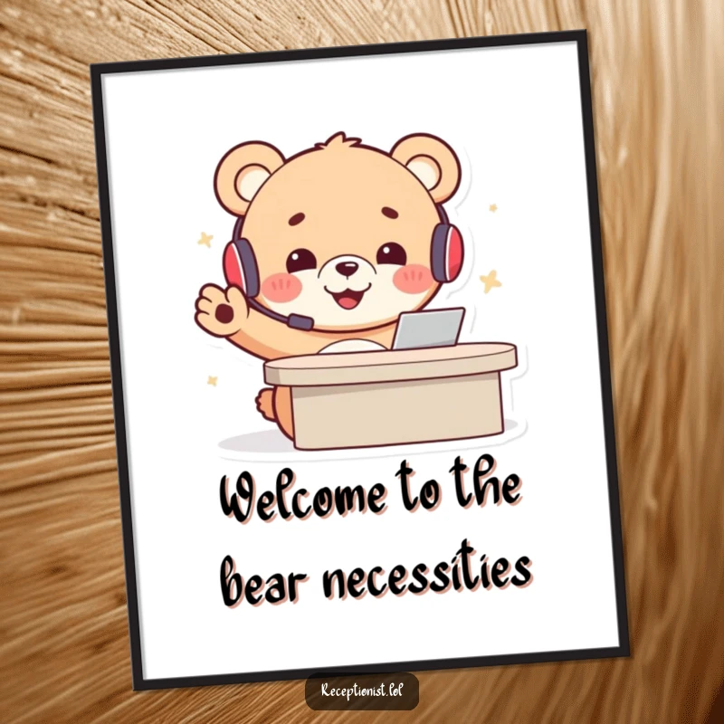 Funny Free Printable Wall Art: Bear cub with headset, beaming, welcoming desk, cheerful downloadable decor.