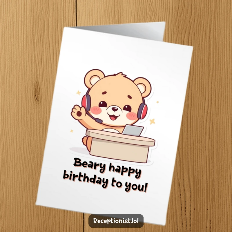 Funny Free Printable Birthday Card: Bear cub with headset, beaming, welcoming gesture, perfect downloadable gift.