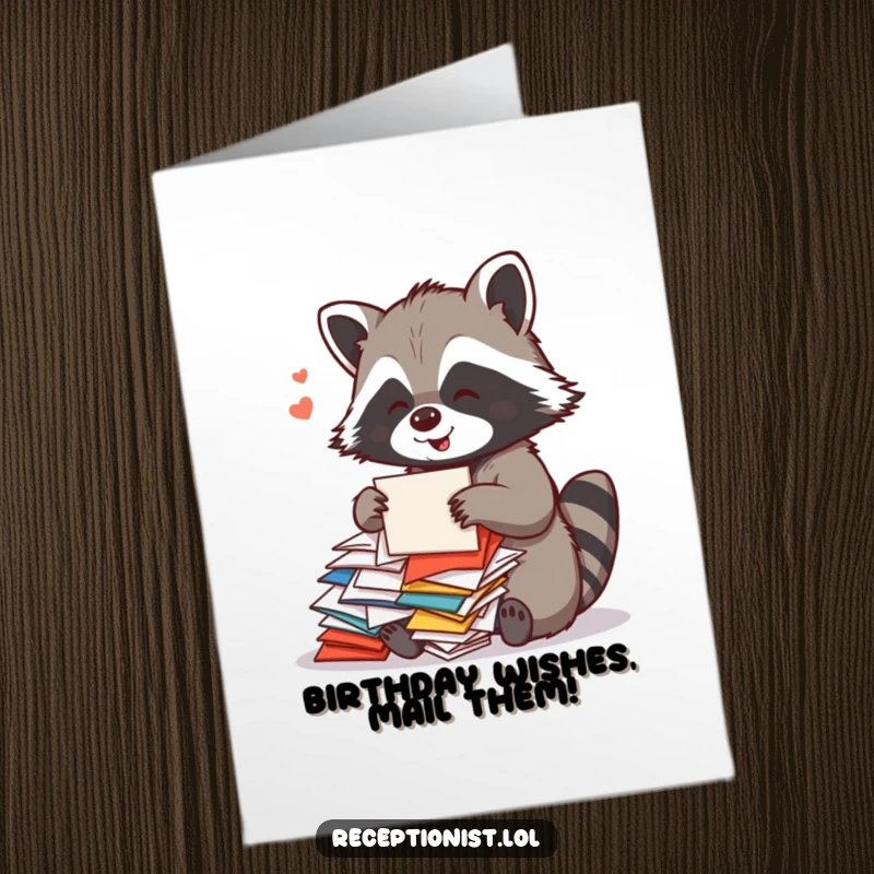 Funny Free Printable Birthday Card: A playful raccoon sorts colorful mail with a cheerful hum, celebrating a birthday.