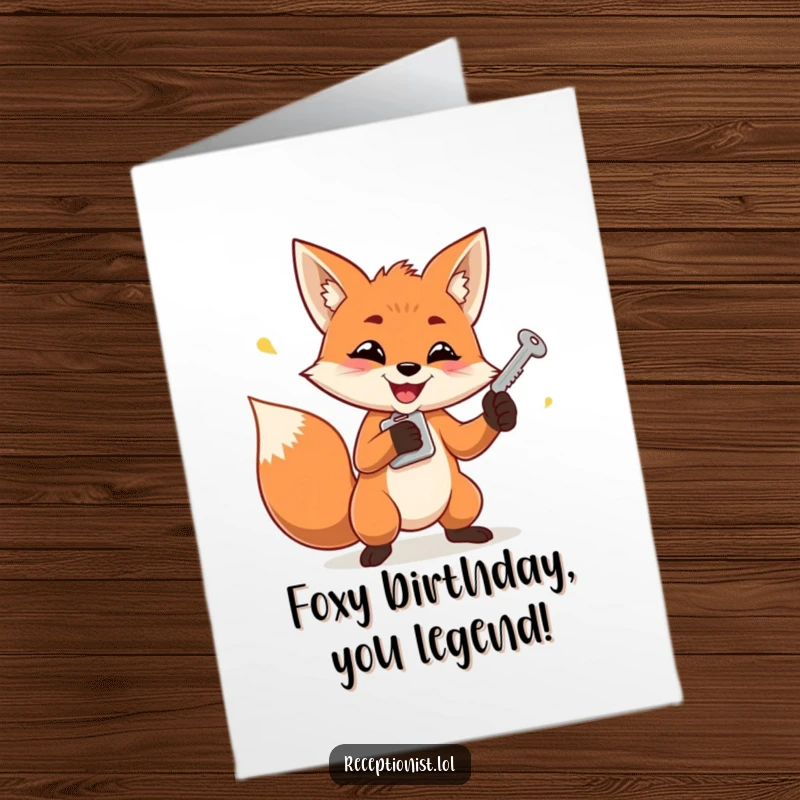 Funny free printable birthday card with a determined fox mischievously juggling keys with a grin.