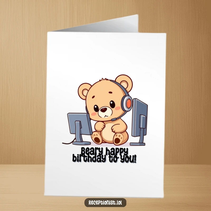 Funny Free Printable Birthday Card: A curious bear cub wearing a headset, pointing at a computer screen with birthday wishes.