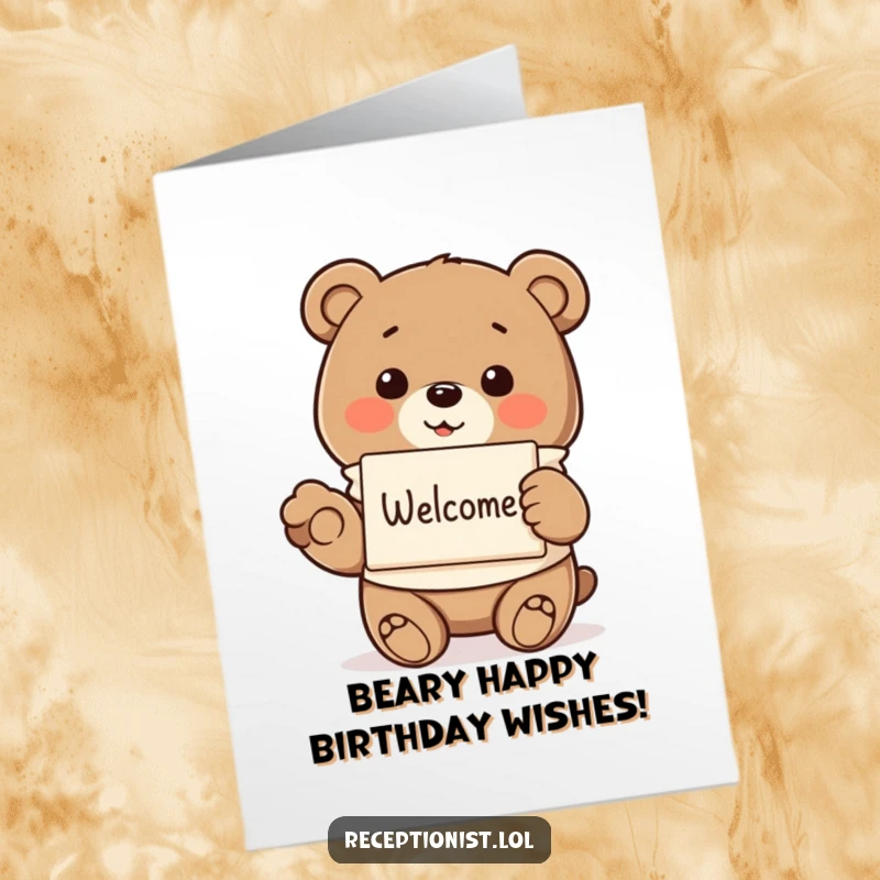 Funny Free Printable Birthday Card: Smiling bear in a smock offering a pamphlet with a gentle paw