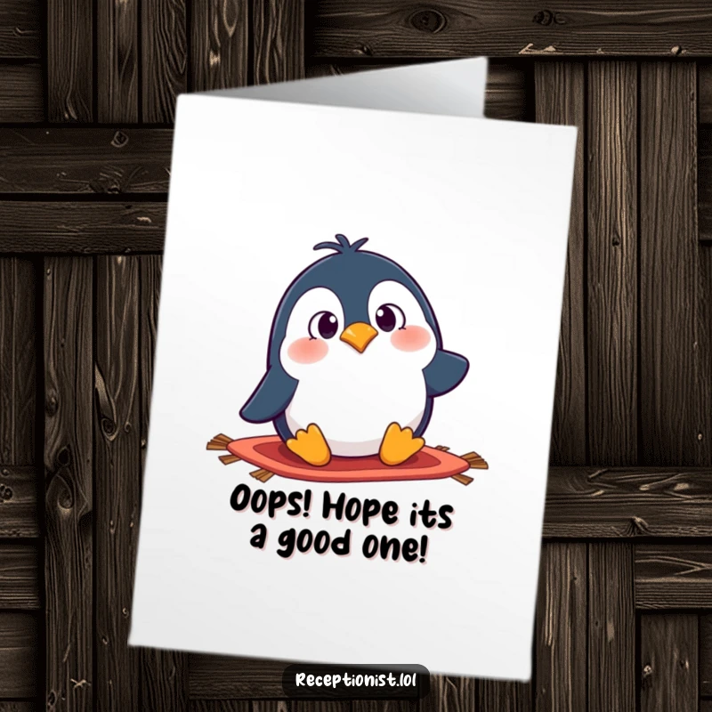 Funny Free Printable Birthday Card: Goofy penguin tripping over a rug, eyes wide with shock, ready to download.
