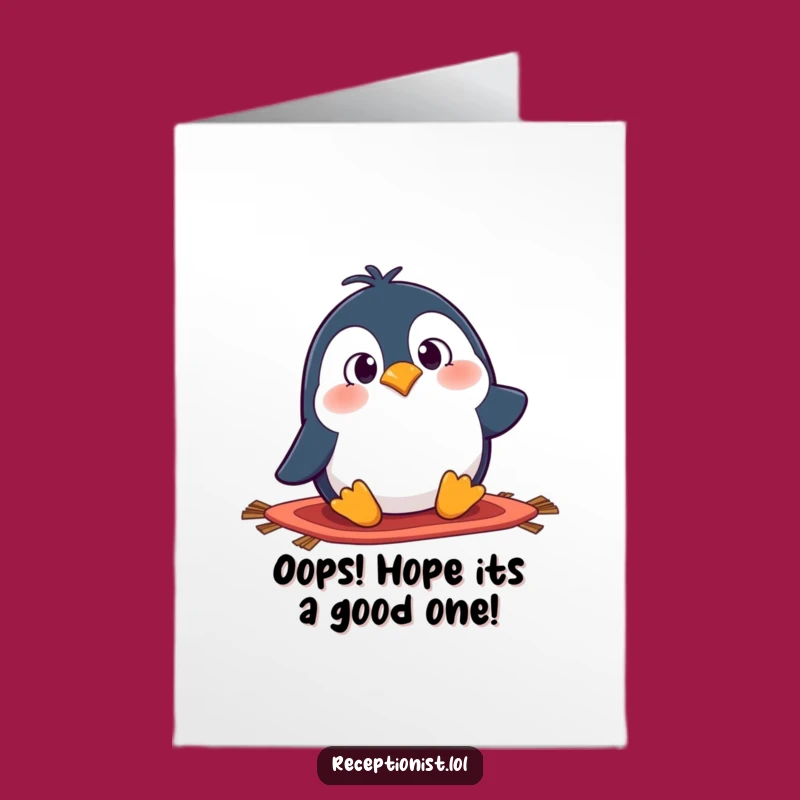 Free Printable Birthday Card: Goofy Penguin Tripping, Hilarious Downloadable Gift!