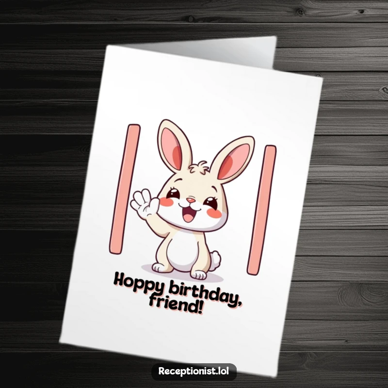 Funny free printable birthday card with a happy bunny enthusiastically waving a guest inside.