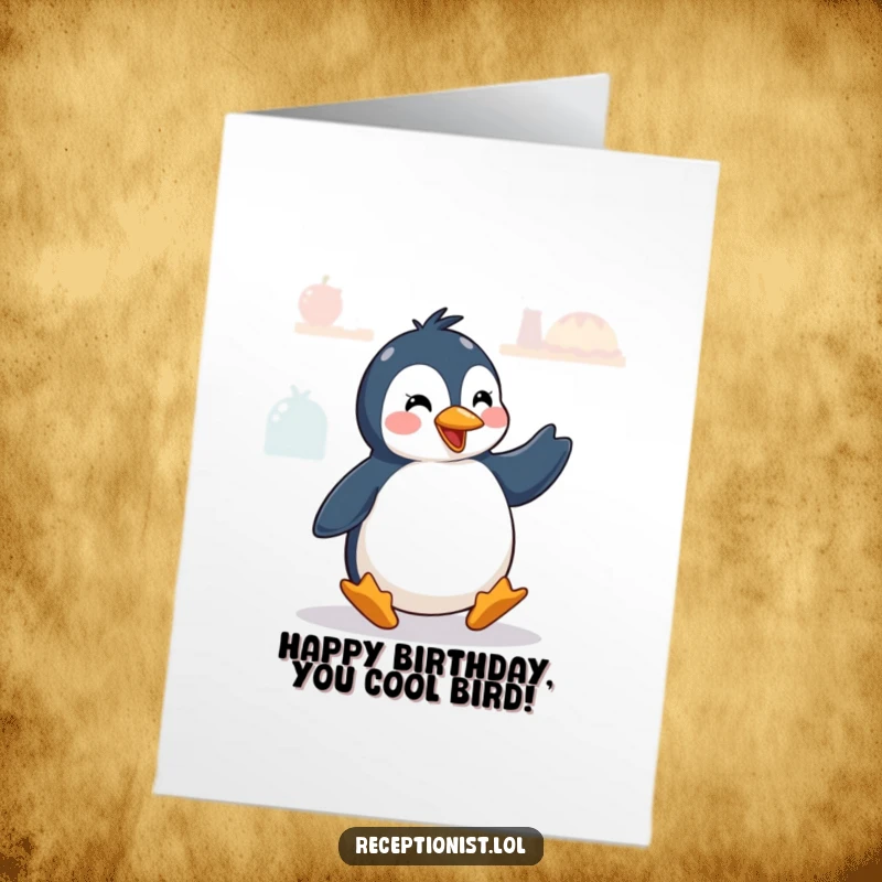 Funny Free Printable Happy Birthday card with a playful penguin doing a quick dance of greeting at a counter, spreading birthday cheer.