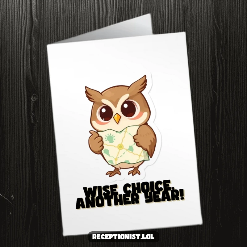 Funny Free Printable Birthday Card: A curious, wise owl points to a map, guiding them to a fun downloadable gift.