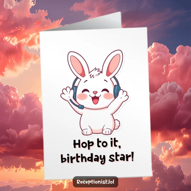 Funny Free Printable Bunny Birthday Card: Adorable bunny with headset waves hello, offering a warm and humorous welcome.