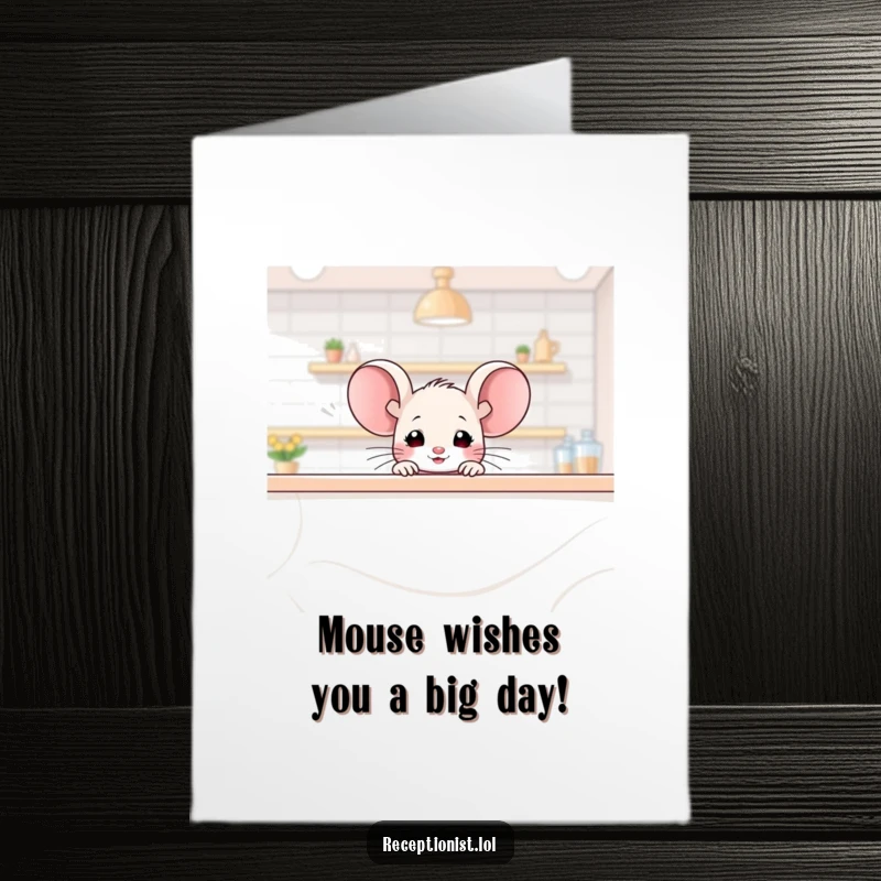 Funny Free Printable Birthday Card: Tiny mouse peeking over a large counter with a friendly, twinkling glimmer.