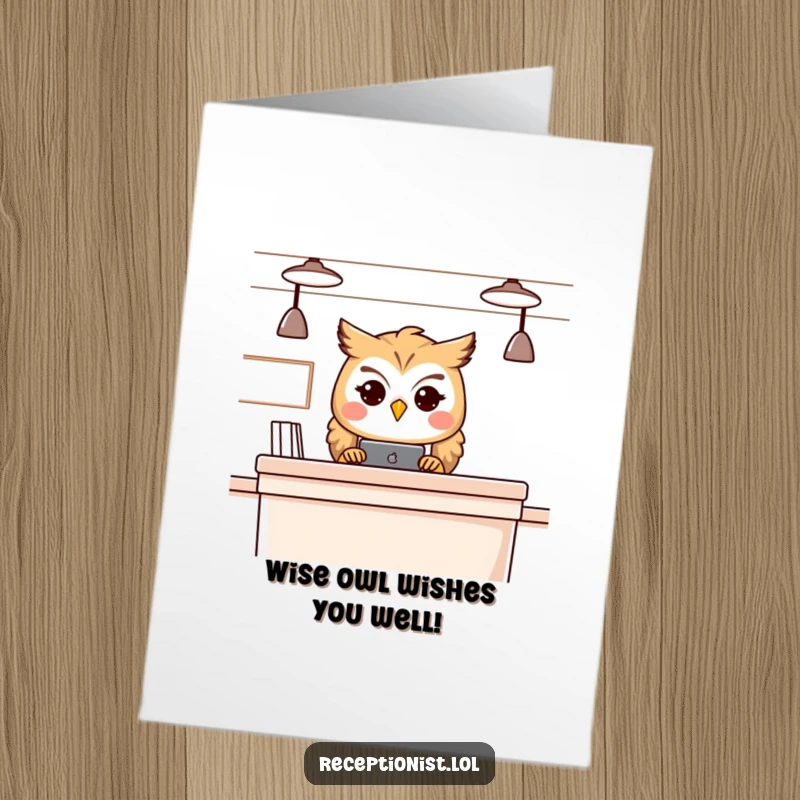 Funny Free Printable Birthday Card: Cheerful owl receptionist peers over counter with a knowing, gentle gaze for birthday wishes.