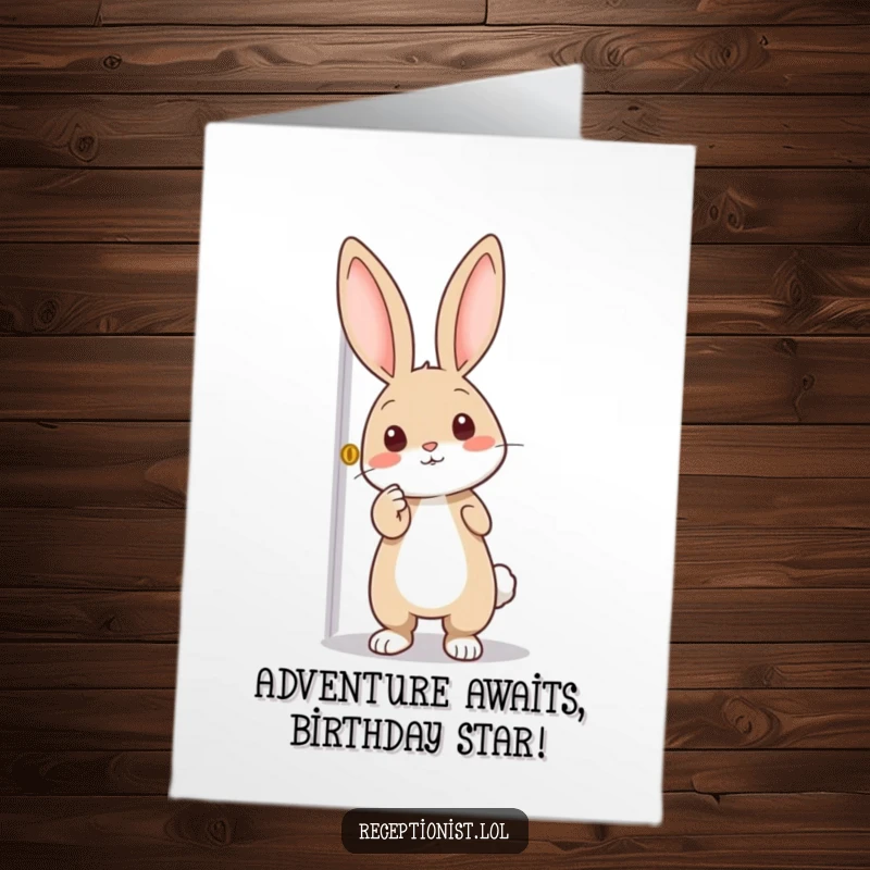 Funny Free Printable Birthday Card: Curious rabbit pointing enthusiastically at a door, inviting fun, a downloadable hello.