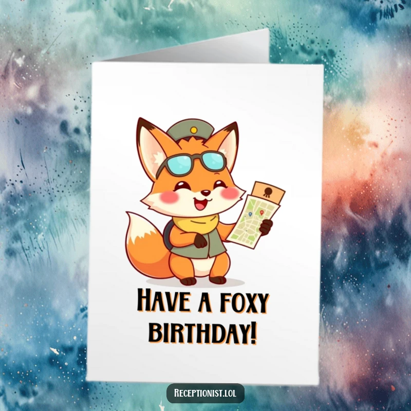 Funny Free Printable Birthday Card: Playful fox receptionist grins, handing out a map for a birthday adventure.